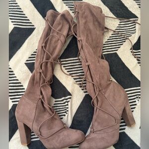 Taupe Suede Knee High Lace Up Boots